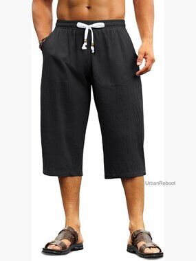 Men's Cotton Linen Capri Pants Elastic Waist Drawstring Loose Fit Harem Yoga